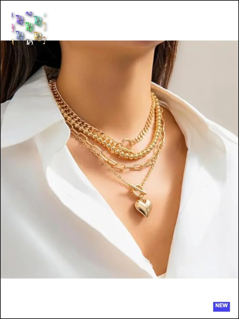 4pcs Layered Gold Plated Necklace Set NonTarnish Chunky Heart Pendant